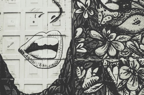 Street art mouth and flowers in black and white