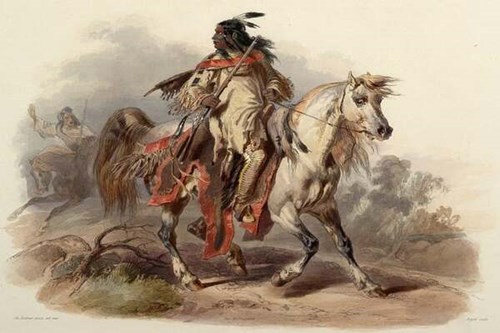 Painting of a Native American on a white horse