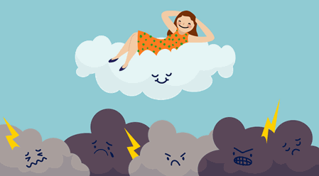 Woman smiling on a cloud above a storm