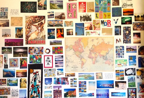 postcards on a wall