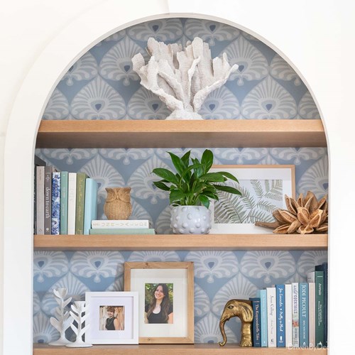 bookshelves with blue wallpaper